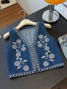 GlowEve Women's Floral Embroidered Open Front Casual Denim Vest - Blue - View 1