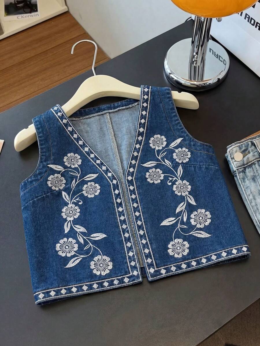 GlowEve Women's Floral Embroidered Open Front Casual Denim Vest - Blue - View 1