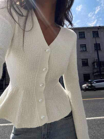 Strévra Women's Loose Cardigan With Pearl Buttons, Autumn