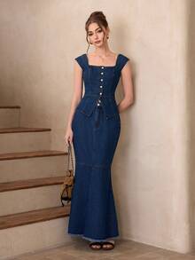 Selenza Women's Elegant Party Denim Mermaid Skirt - Dark Wash - View 3