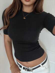 DAZY 女士圆领短袖修身休闲性感T恤宽松款 - 黑色 - 查看 6
