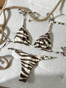 Swim Vcay Conjunto de bikini con collar de cuentas con estampado aleatorio para mujer, primavera/verano - Multicolor - Ver 4