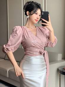 DAZY Women's V-Neck Criss-Cross Knot Design Sequin Floral Embroidery Casual Versatile Daily Wear Blouse - Pink - View 3