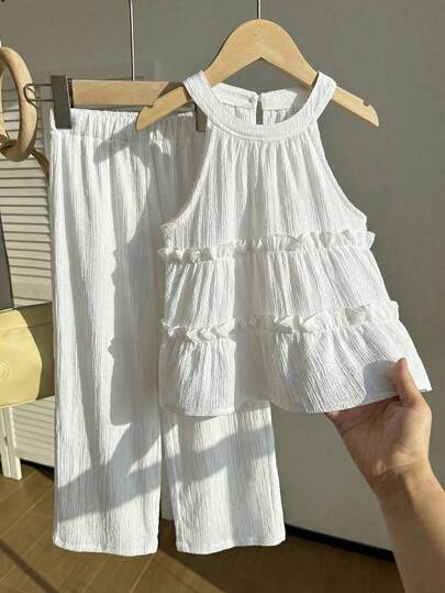 Tween Girls' Solid Color Frill Trim Halter Top And Pants Casual Vacation Outfit