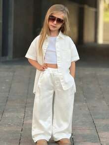Dazy Kids Young Girl Solid Color Button Front Long Sleeve Jacket And Slant Pocket Long Pants Casual Denim Set - White - View 3