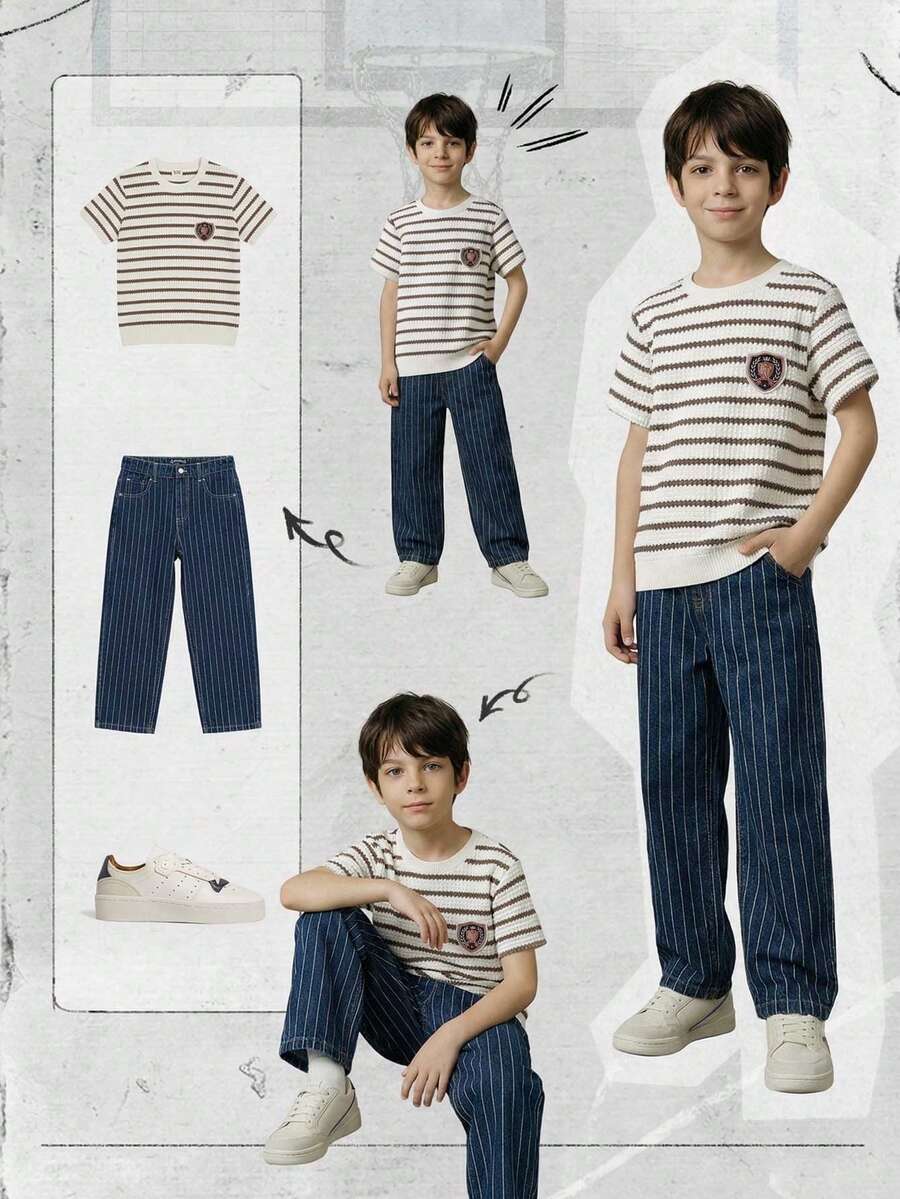 SHEIN Casuvi Kids 男童條紋T恤,美式大學Logo印花,短袖,都市休閒風,秋季,職業日,返校季,日常穿著,輕量T恤 - 駝色 - 查看 1