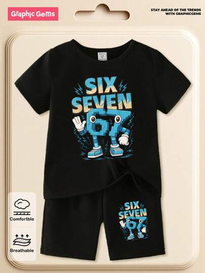 SHEIN Streecool Kids 2pcs/Set Young Boys' Casual Creative Personalized Refreshing Minimalist Cute Number 67 Cartoon Lightning Graphic Letter Slogan Print Short Sleeve T-Shirt And Shorts Set, Comfortable Cozy Summer Styles Suitable For Spring, Summer, Versatile Matching Outfit Boy Set 5t Six Seven Boy Set Kids Boy Summer Outfit Boy Clothes Summer Cute Boy Summer Set