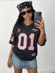 Tween Girls' Fashionable Street Style Loose V-Neck 01 Letter Print Black & Pink T-Shirt Top, Spring/Summer - Black - View 1