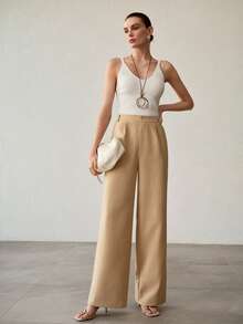 MOTF PREMIUM WOMEN'S HIGH WAIST CASUAL MINIMALIST LONG SUIT PANTS, COMMUTER STYLE - Khaki - View 7