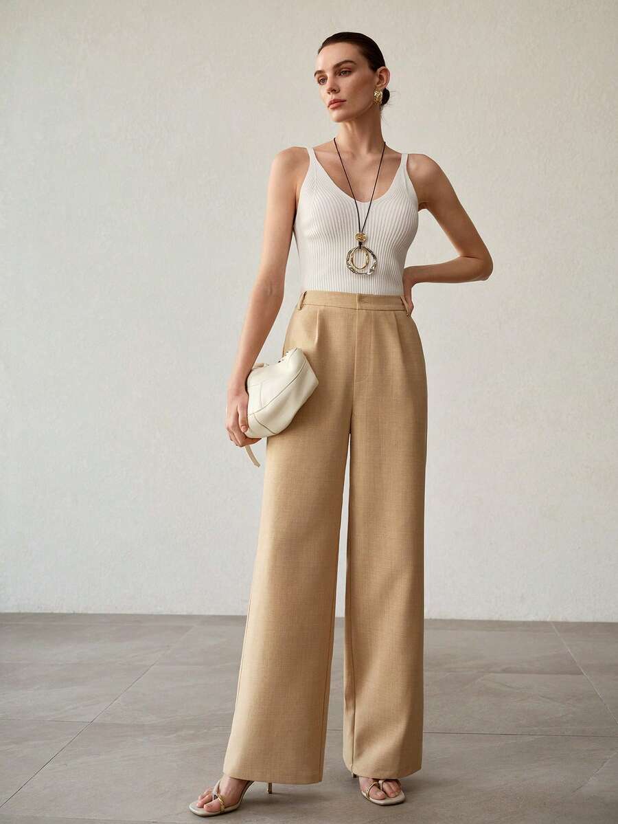 MOTF PREMIUM WOMEN'S HIGH WAIST CASUAL MINIMALIST LONG SUIT PANTS, COMMUTER STYLE - Khaki - View 1