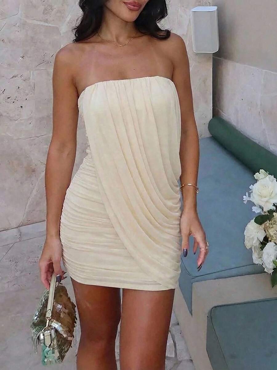 Aloruh 褶皱胸部优雅浪漫修身迷你连衣裙 - 杏色 - 查看 1