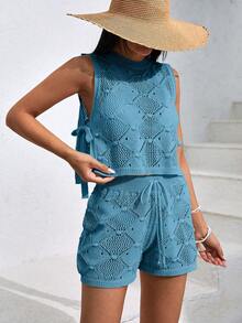 EURMUSE Women's Hollow Out Shorts & Top Cover Up Set - Mint Blue - View 5