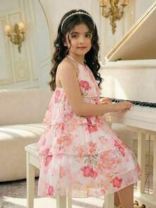 Tween Girl Loose Elegant Halter Neck Sleeveless Ruffle Floral Print Chiffon Midi Dress Elegant  Wedding Outfits - Pink - View 6