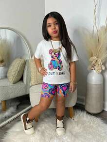 SHEIN 女童夏季休闲小熊印花T恤和爱心印花短裤套装 - 彩色 - 查看 3