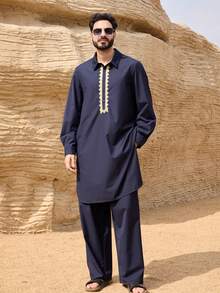 DAZY Men's Navy Blue Shirt And Pants Set, Suitable For Spring And Autumn - Navy Blue - View 4