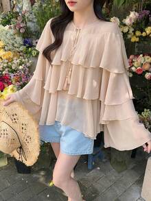 DAZY Women's Casual Loose Chiffon Ruffle Hem Long Sleeve Tie Front Vacation Blouse Shirt - Pink - View 6