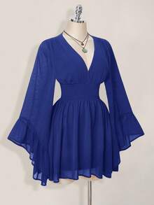 SHEIN ICON 女士纯色褶皱喇叭袖收腰休闲迷你连衣裙 - 藍色 - 查看 4