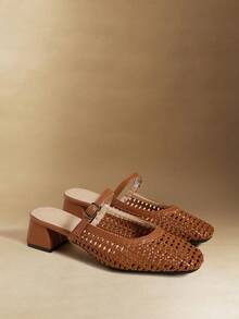 Rosivie Minimalist Modern Woven Mules, Square Toe Chunky Heel Mary Jane Slip-On, Niche Design Woven Mary Jane Slides, Square Toe Chunky Heel Single Strap Mules - Brown - View 2
