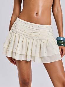 ROMWE Avant Women's Romantic Vacation Pearl Double-Layer Chiffon Ruched Mini Skirt - White - View 5