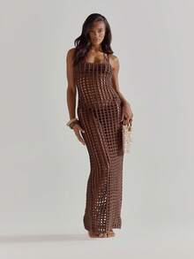 MUSERA Square Neck Skinny Strap Maxi Floor Length Crochet Dress Cute Beach Coverup Summer Spring Holiday Going Out Swim Sexy Crochet Knit - Coffee Brown - View 4