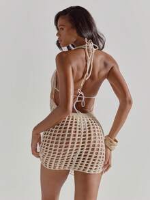 MUSERA Deep Cowl Neck Square Crochet Fitted Mini Dress Cute Beach Coverup Summer Spring Holiday Going Out Swim Sexy Crochet Knit - Apricot - View 2