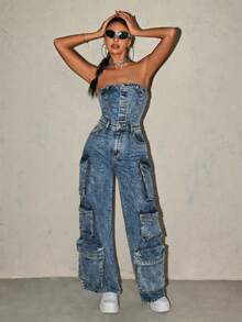 SHEIN ICON Women's Fashionable Strapless Denim Jumpsuit For Summer - Blue - View 5