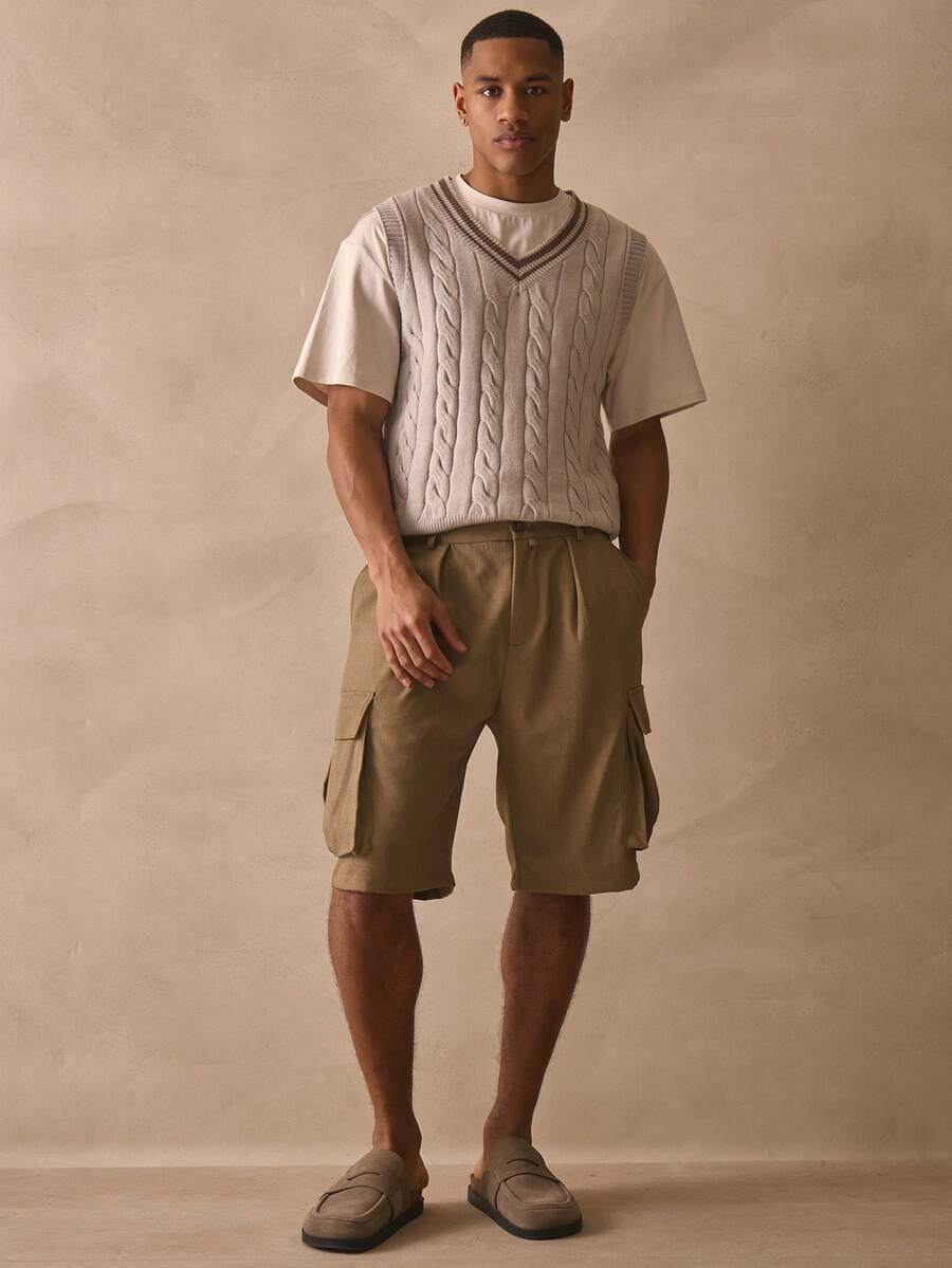 Musero Long Line Baggy Button Fastening Double Side Pleats And Side Patch Cargo Style Pocket Shorts Utility Bottoms Spring Summer Essentials - Khaki - View 1