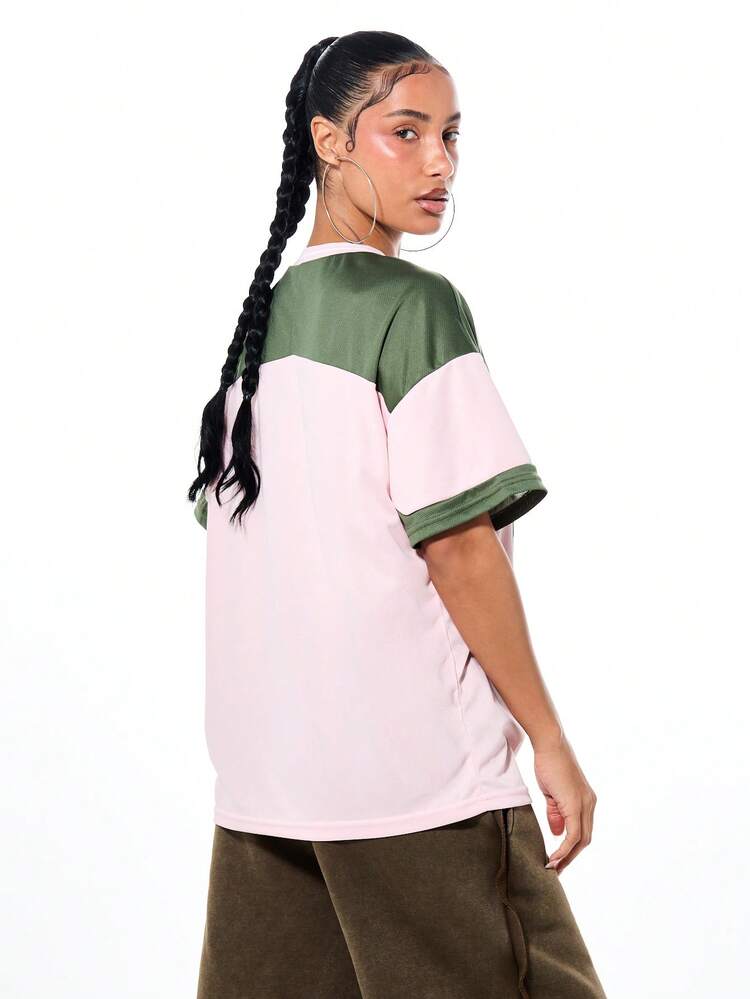 SUMWON WOMEN Mesh Graphic Jersey V-Neck Tee With Camouflage Numbers