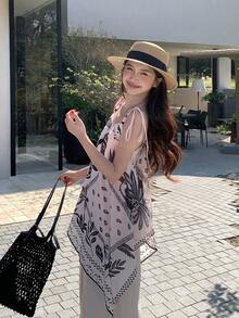 DAZY Asymmetric Hem A-Line Long Camisole With All-Over Print, Casual Vacation Summer Top For Women Graphic Tee - Apricot - View 1