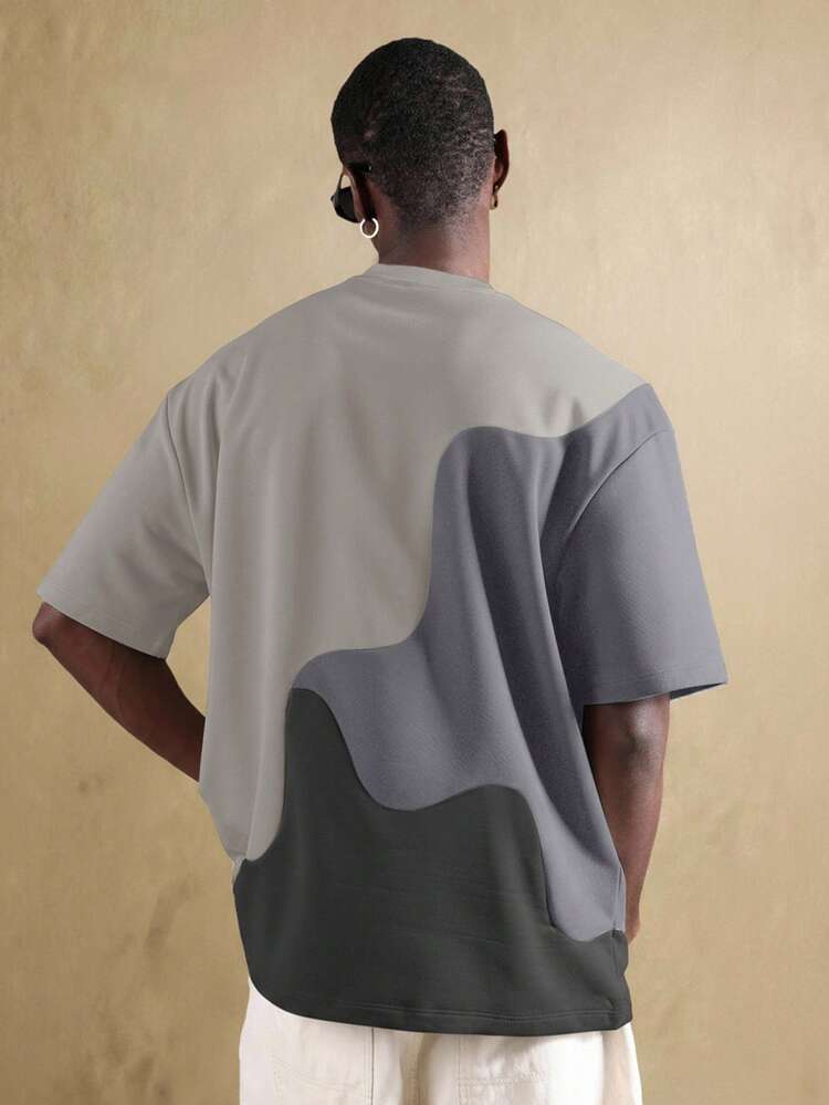 Oversized Color Block T-Shirt With Wave Design