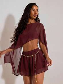 Opulessa Woven Printed Cropped Loose Shirt & Mini Skirt 2 Pieces Set For Women - Burgundy - View 4