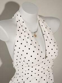 SHEIN PETITE CURVE Plus Size Women Polka Dot Print Deep V Neck Ruched Fashion Camisole - Black and White - View 6