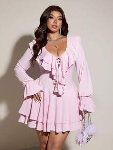 Viva Relle Deep V-Neck Ruffle Trim Long Sleeve Mini Party Dress - Pink - View 1