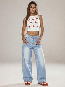 SHEIN ICON Women's Casual Washed Low-Waist Straight Leg Jeans - Light Wash - View 6