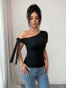 Rafferiza Women's Commute & Vacation Tie Bow Short Sleeve T-Shirt, Suitable For Party And Gathering, Spring/Summer Outfits For Women - Black - View 6