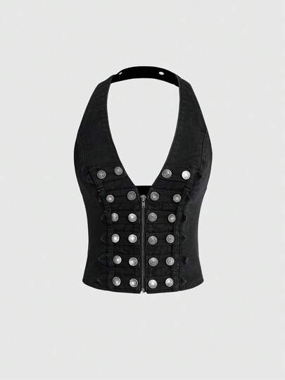 ROMWE Grunge Punk Women's Punk Metal Buckle Distressed Vintage Wash Halter Neck Denim Top, Suitable For Dates, Daily Outings