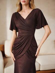 Anewsta 女士优雅正式连衣裙，适合派对、情人节和日常穿着，都市时尚高弹修身卡其色长款连衣裙 - 鏽棕色 - 查看 1