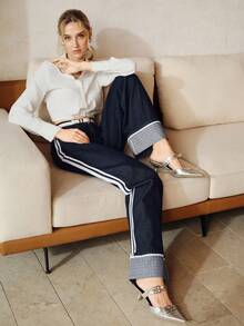 Anewsta 女士优雅浪漫派对及休闲度假蓝色直筒侧开衩牛仔裤，春夏款 - 藍色 - 查看 2