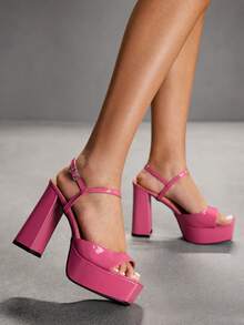 CUCCOO SZL Women's High Heel Square Toe Crimson Textured Patent Leather Metal Button Open Toe Fashion Sandals Social Party Open Toe Sexy Sandals Valentine's Day - Hot Pink - View 4