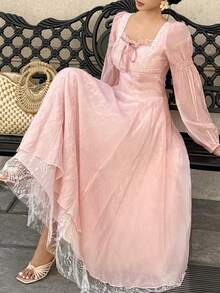 DAZY 女士方领长袖收腰优雅蕾丝网纱粉色连衣裙 - 粉色 - 查看 4