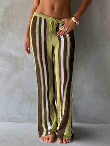 Aloruh 女士春夏新款钩针直筒罩衫裤，沙滩裤，女士条纹波西米亚风罩衫，复古休闲女士度假沙滩罩衫 - 彩色 - 查看 8