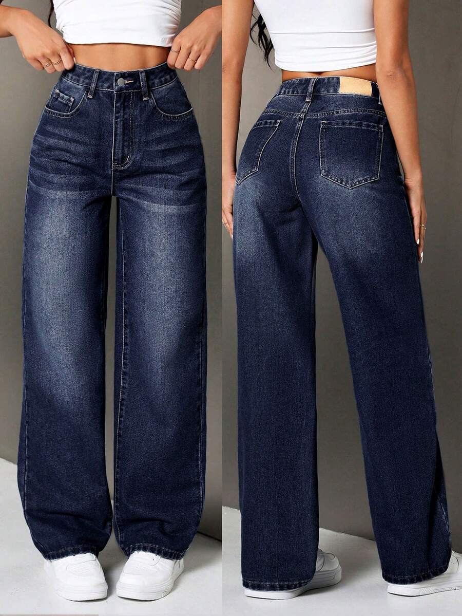 SHEIN Tall Women's Casual Washed High Waist Straight Leg Jeans - Dark Wash - View 1