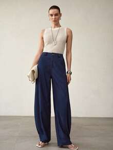 MOTF PREMIUM 通勤斜插口袋宽松裤 - 藍色 - 查看 6