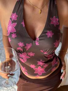 DAZY Top de tirantes con cuello halter con estampado floral y almohadilla de sujetador incorporada para mujeres, adecuado para vacaciones de verano - Gris - Ver 7