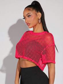 SHEIN SXY Áo croptop nữ mùa hè thời trang màu trơn khoét lỗ - Màu Hồng  Dưa hấu - Xem 3