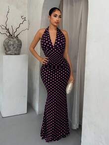 SHEIN SXY 波点优雅露背美人鱼裙 - 黑色 - 查看 5