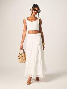 MISSGUIDED Chân váy maxi xếp tầng màu trắng phong cách Boho dành cho nữ, viền ren và chi tiết bèo nhún, kiểu dáng nông thôn, váy dài mùa hè dáng suông, cạp cao, thời trang lễ hội Bohemian. - Màu be - Xem 4