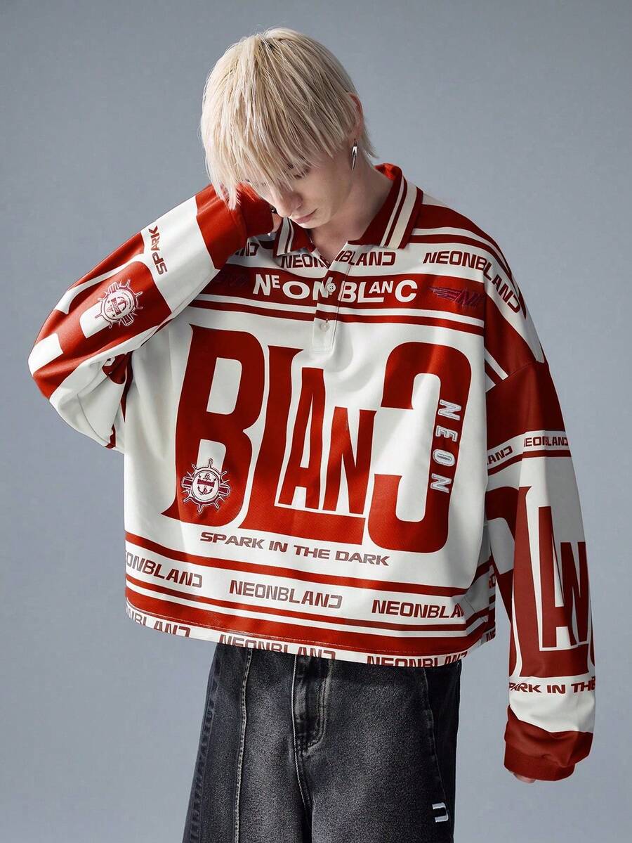 NEON BLANC Men's Street Fashion Knitted Long Sleeve Printed Polo T-Shirt