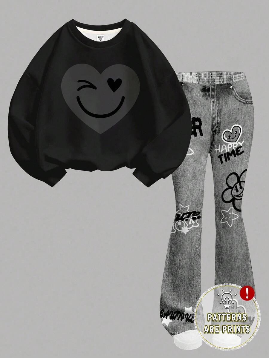 SHEIN Leap Crew 少女休闲个性街头复古校园笑脸图案宽松圆领长袖卫衣搭配喇叭裤套装，适合秋冬季穿着 - 彩色 - 查看 1