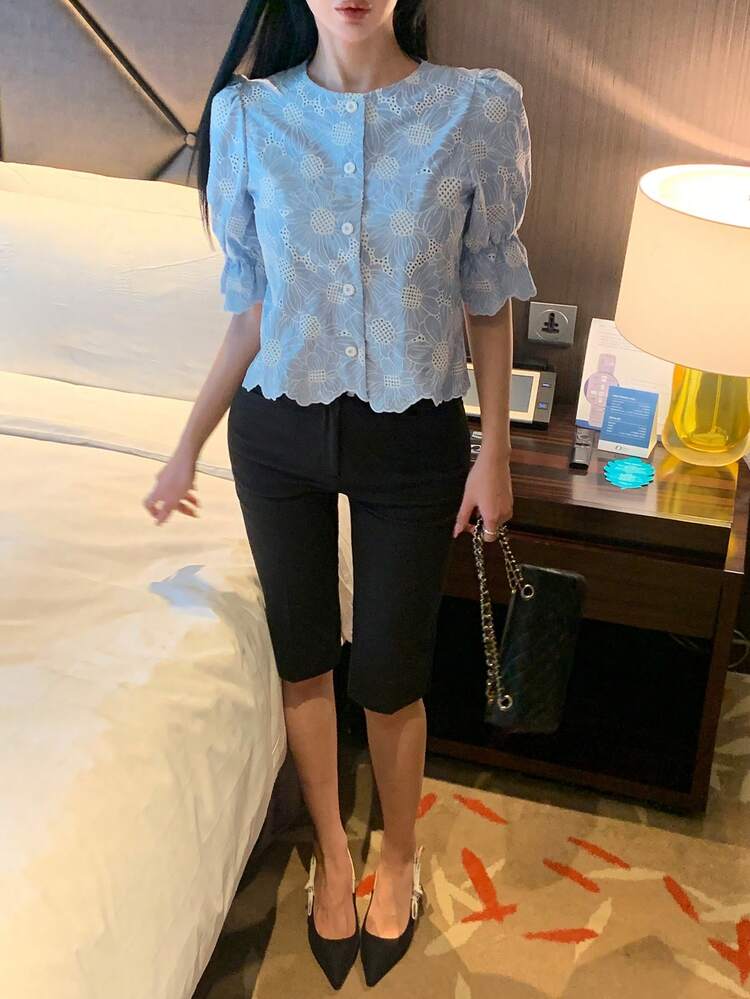 Contrast Color Pattern Embroidered Petal Sleeve Ruffle Trim Elegant Summer Blouse For Women